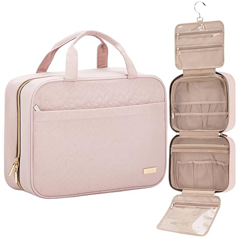 NISHEL Travel Toiletry Bag for women, Portable Hanging Organizer for Full-Sized Shampoo, Conditioner, Brushes Set, Makeup Accessories, Large Size, Pink